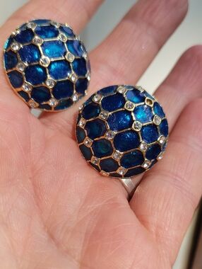 BUTLER Blue Enamel Honeycomb Dome Earrings with Clear Crystals